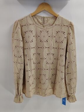 Cupshe Blouse XL Floral Lace Tan And Pale Pink Long Sleeve Sheer NWT